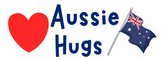 Text 'Aussie Hugs' with a red heart and Australian flag on a white background